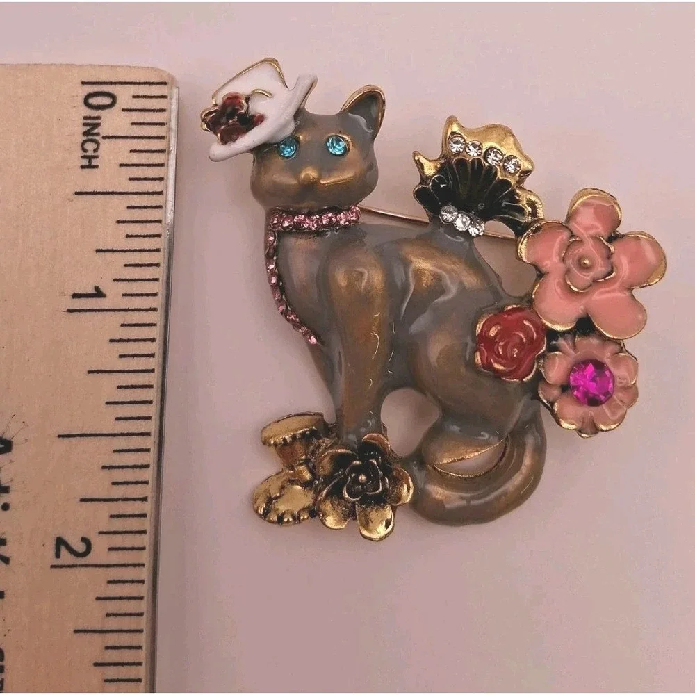 Vintage Inspired Enamel Floral Cat w/ Hats & Scarf Rhinestone Brooch  Whimsical